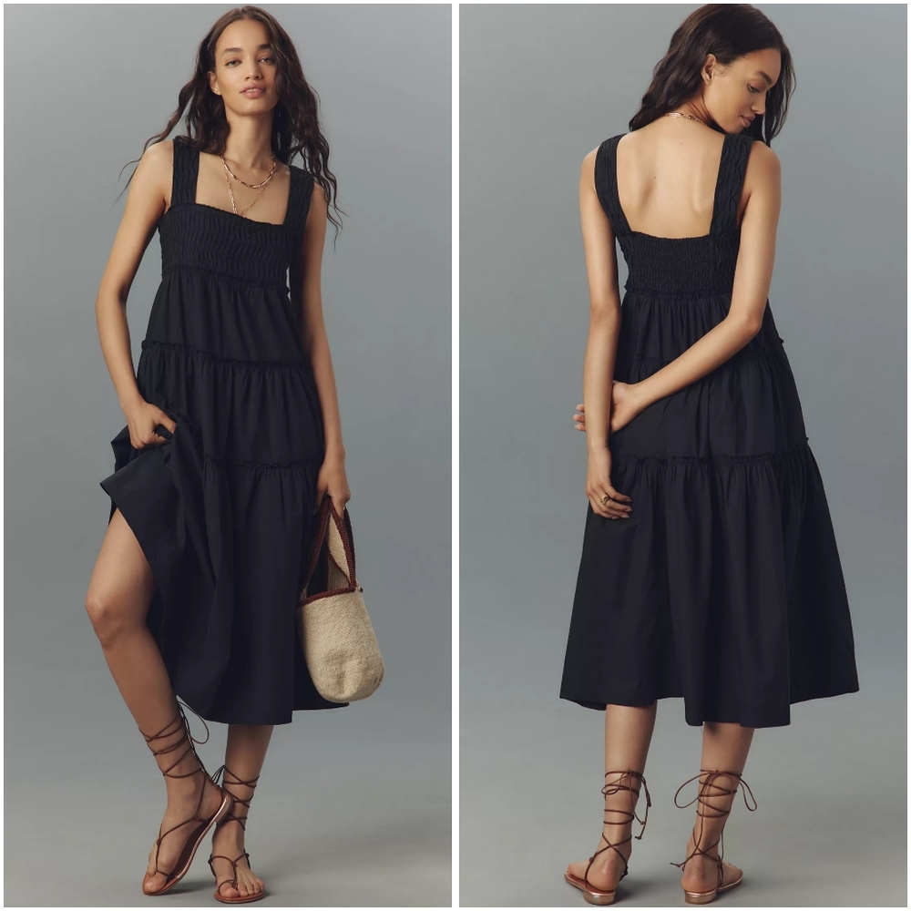 Anthropologie Maeve The Helena Square Neck Smocked Tiered Midi Dress Black M NWT